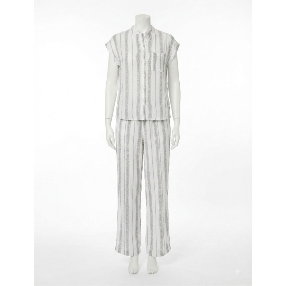 Coastal Comfort Women Pajama Set Large White Tan Striped Cotton Gauze 2pc 309713